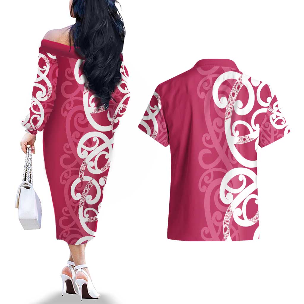 Breast Cancer Awareness Maori Couples Matching Off The Shoulder Long Sleeve Dress and Hawaiian Shirt Koru Kowhaiwhai - Aussie Hoodie