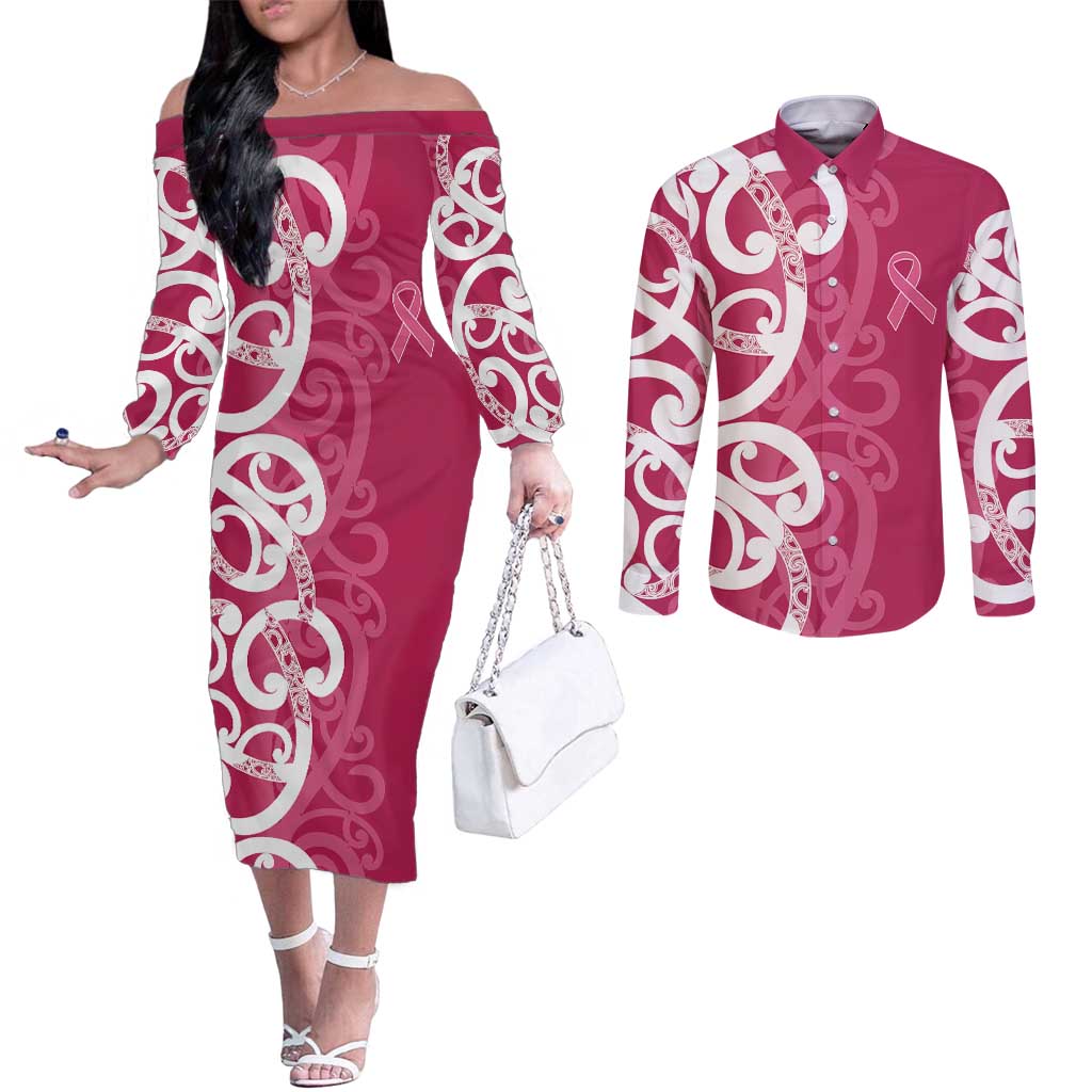 Breast Cancer Awareness Maori Couples Matching Off The Shoulder Long Sleeve Dress and Long Sleeve Button Shirt Koru Kowhaiwhai - Aussie Hoodie