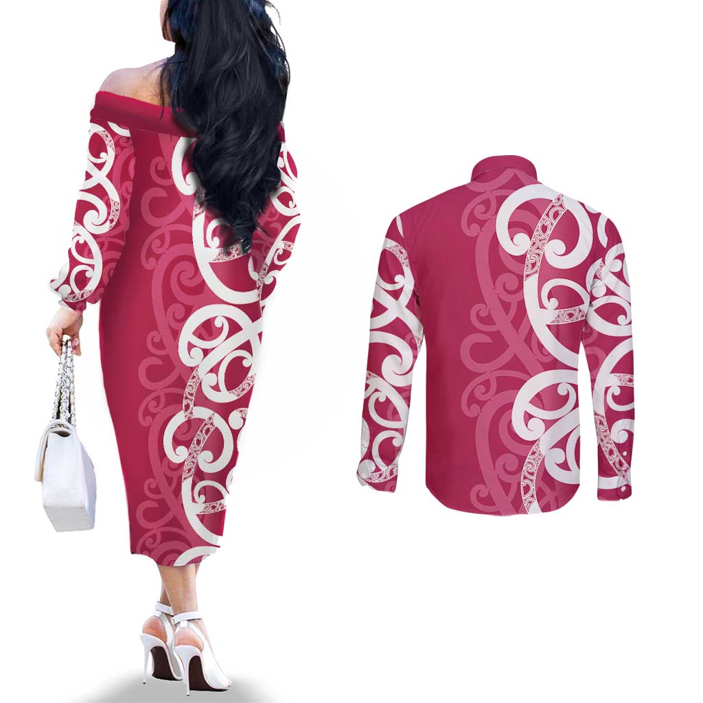 Breast Cancer Awareness Maori Couples Matching Off The Shoulder Long Sleeve Dress and Long Sleeve Button Shirt Koru Kowhaiwhai - Aussie Hoodie