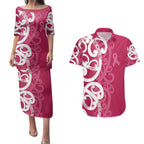 Breast Cancer Awareness Maori Couples Matching Puletasi and Hawaiian Shirt Koru Kowhaiwhai - Aussie Hoodie