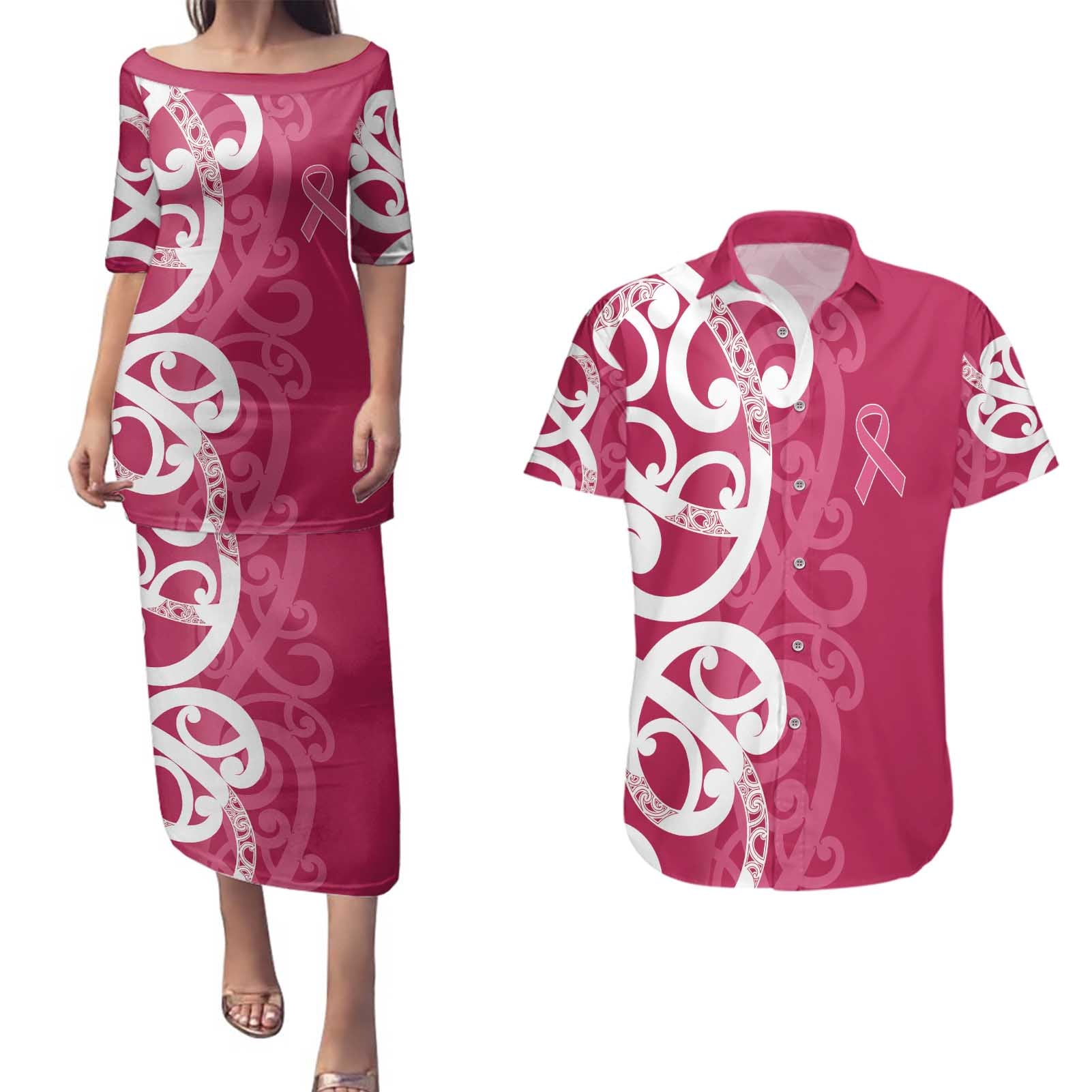 Breast Cancer Awareness Maori Couples Matching Puletasi and Hawaiian Shirt Koru Kowhaiwhai - Aussie Hoodie