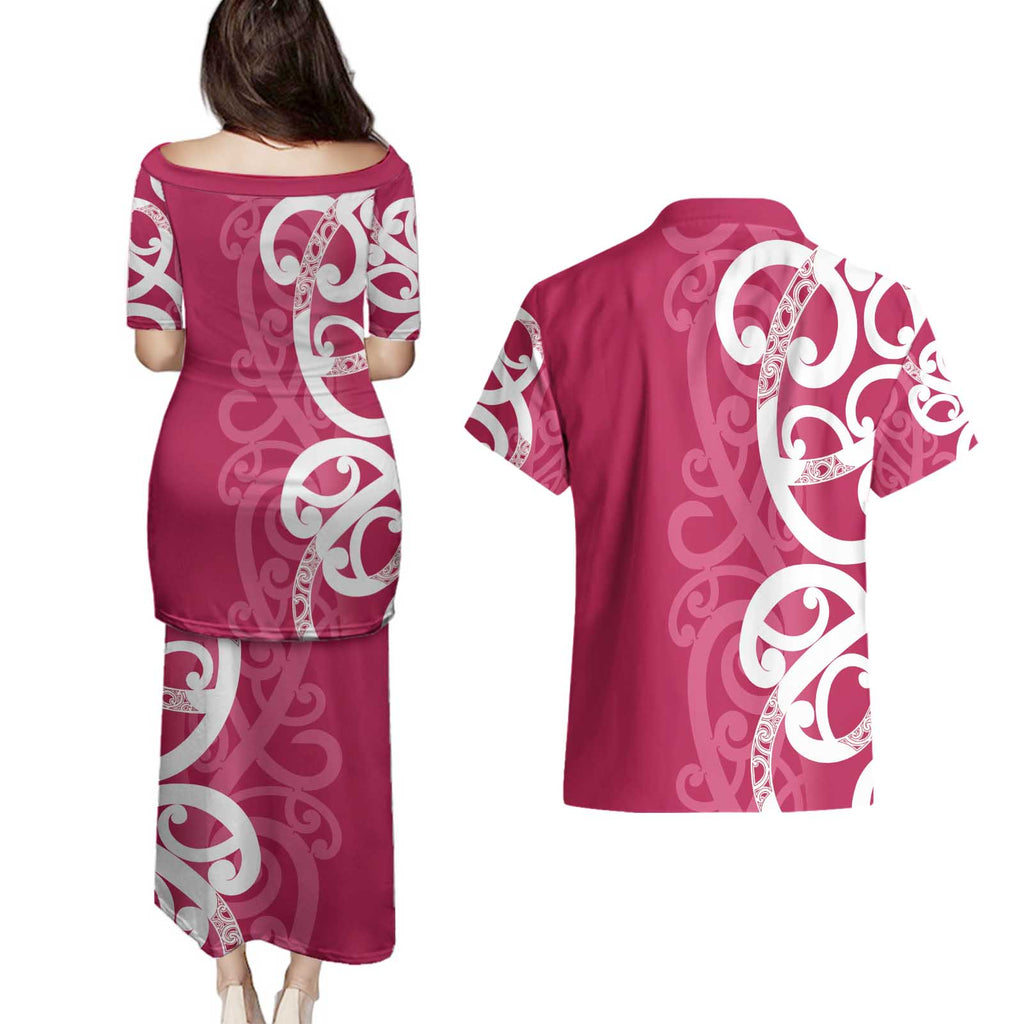 Breast Cancer Awareness Maori Couples Matching Puletasi and Hawaiian Shirt Koru Kowhaiwhai - Aussie Hoodie