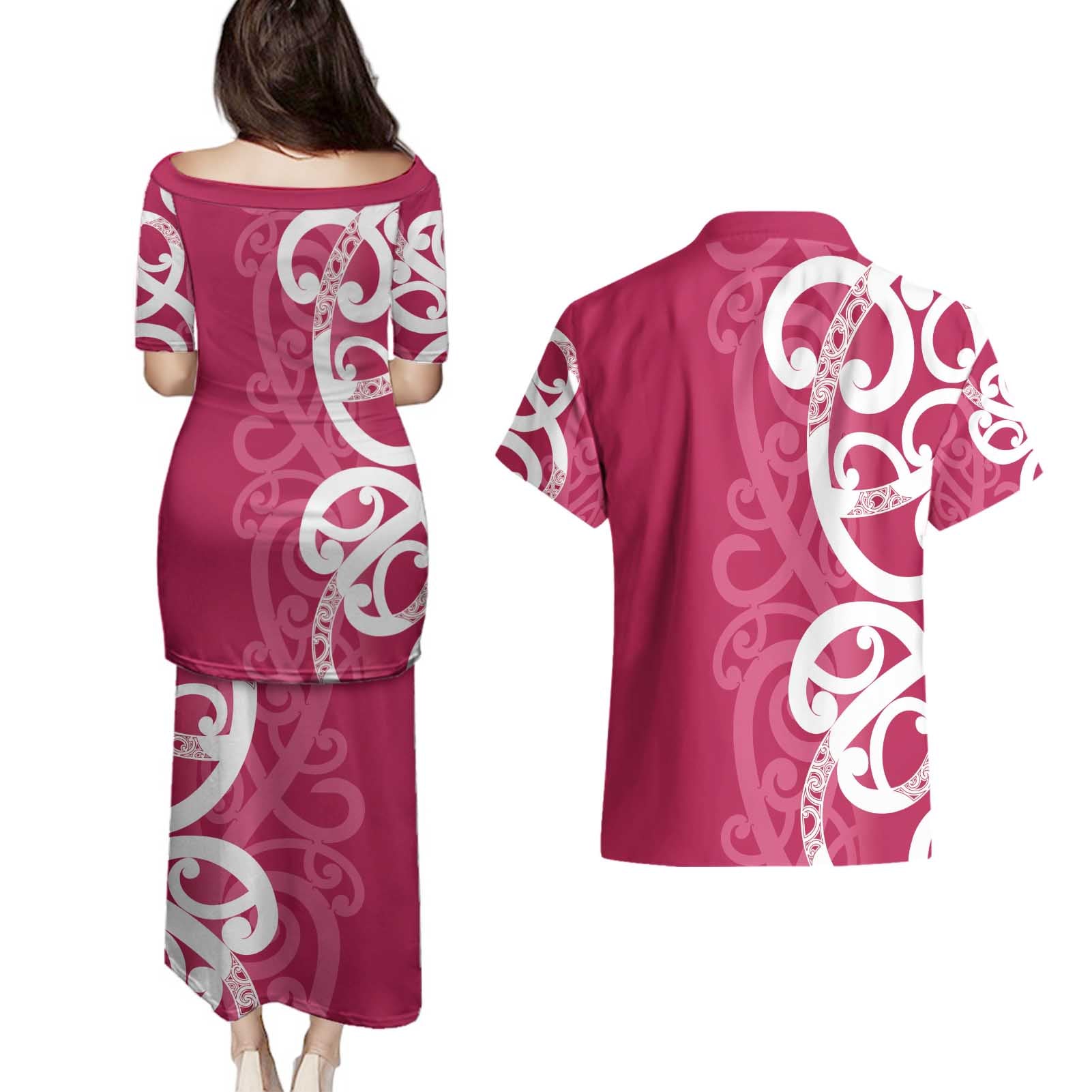 Breast Cancer Awareness Maori Couples Matching Puletasi and Hawaiian Shirt Koru Kowhaiwhai - Aussie Hoodie