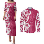Breast Cancer Awareness Maori Couples Matching Puletasi and Long Sleeve Button Shirt Koru Kowhaiwhai - Aussie Hoodie