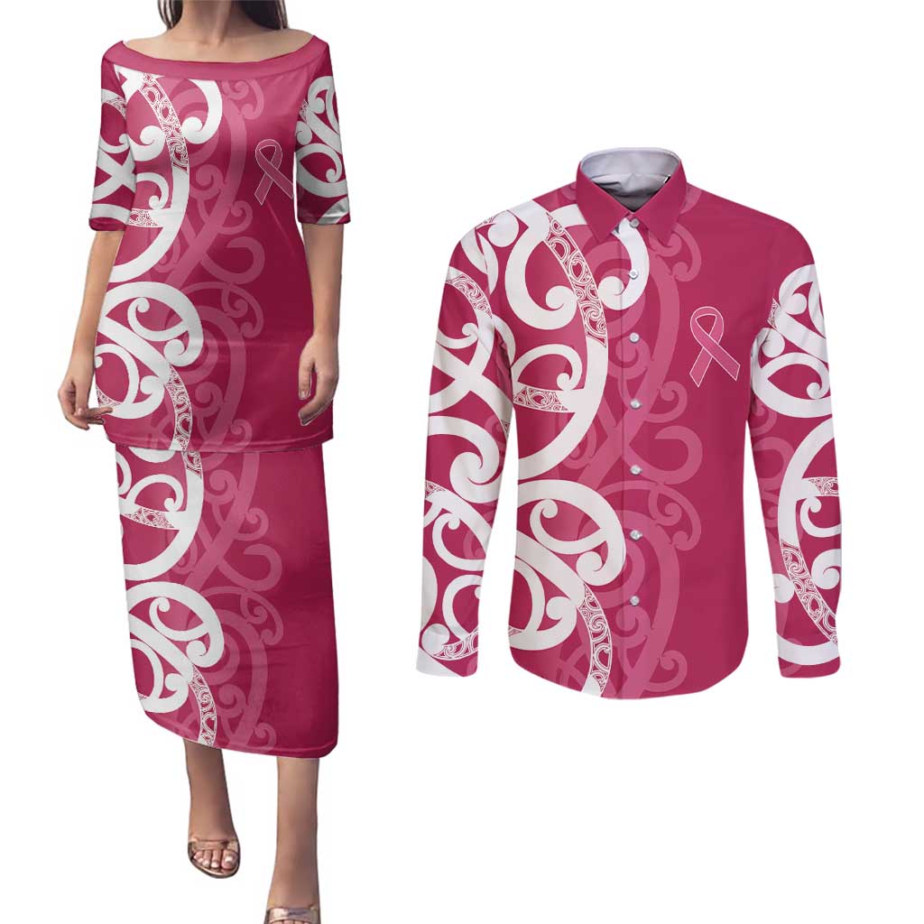 Breast Cancer Awareness Maori Couples Matching Puletasi and Long Sleeve Button Shirt Koru Kowhaiwhai - Aussie Hoodie