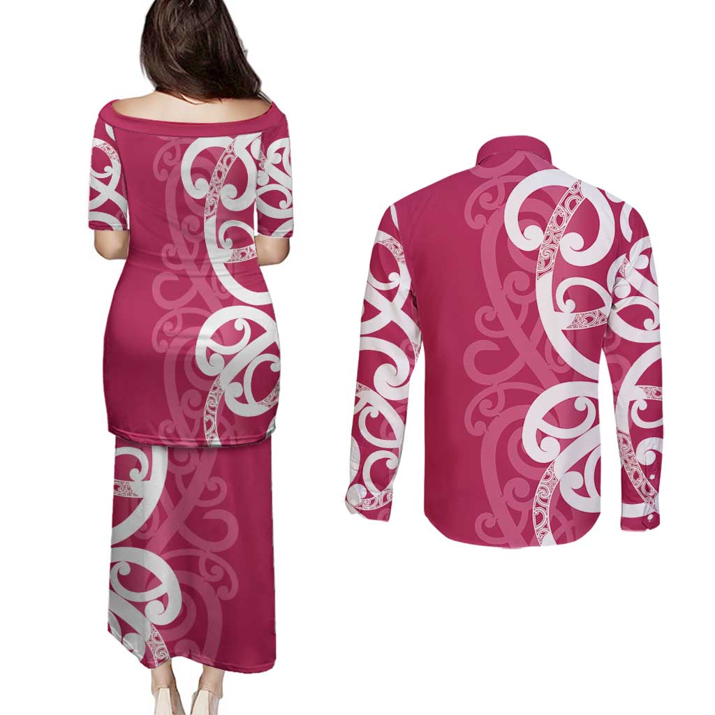 Breast Cancer Awareness Maori Couples Matching Puletasi and Long Sleeve Button Shirt Koru Kowhaiwhai - Aussie Hoodie