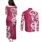 Breast Cancer Awareness Maori Couples Matching Puletasi and Long Sleeve Button Shirt Koru Kowhaiwhai - Aussie Hoodie