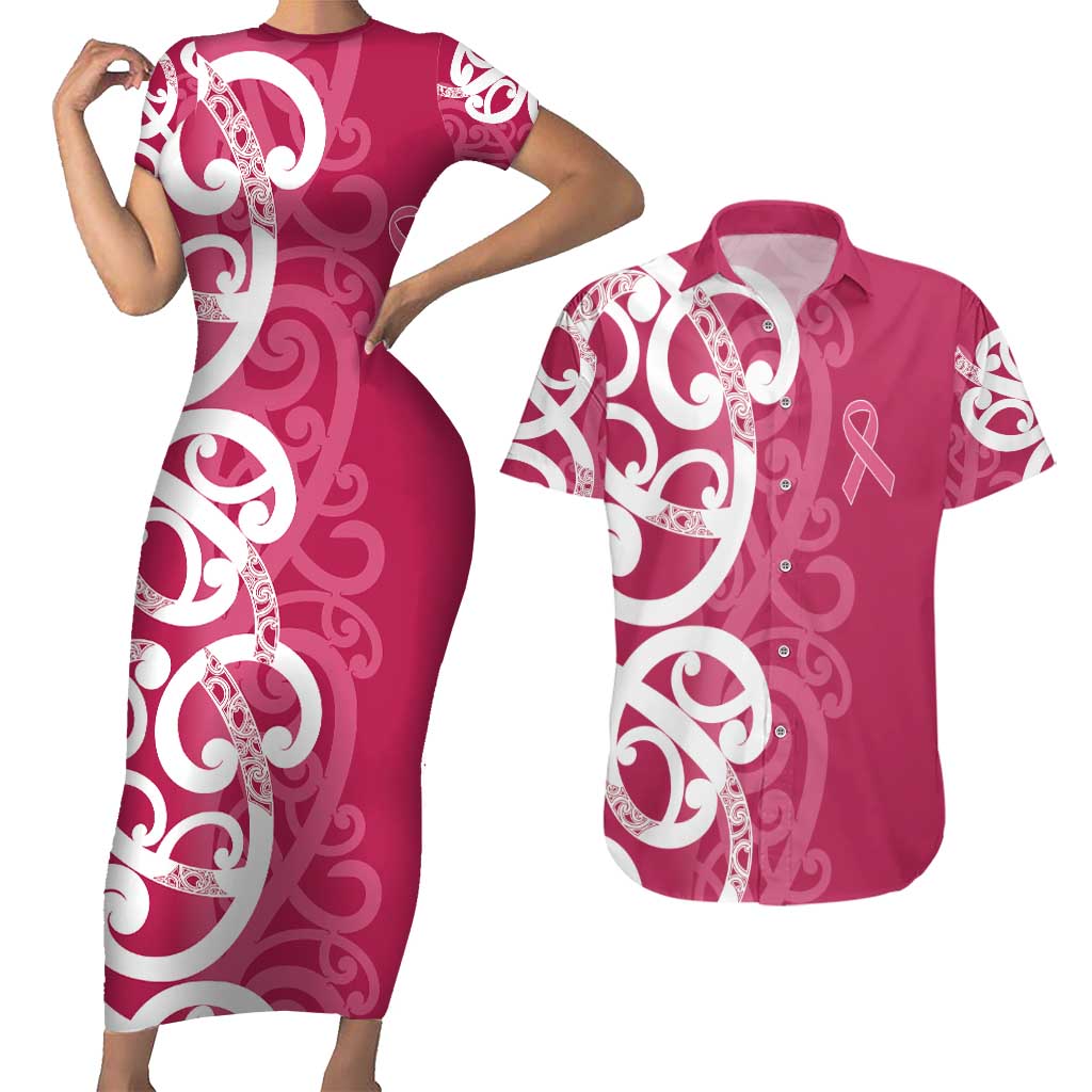 Breast Cancer Awareness Maori Couples Matching Short Sleeve Bodycon Dress and Hawaiian Shirt Koru Kowhaiwhai - Aussie Hoodie