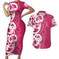 Breast Cancer Awareness Maori Couples Matching Short Sleeve Bodycon Dress and Hawaiian Shirt Koru Kowhaiwhai - Aussie Hoodie