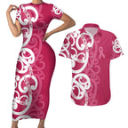 Breast Cancer Awareness Maori Couples Matching Short Sleeve Bodycon Dress and Hawaiian Shirt Koru Kowhaiwhai - Aussie Hoodie