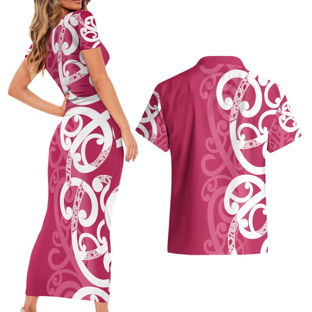 Breast Cancer Awareness Maori Couples Matching Short Sleeve Bodycon Dress and Hawaiian Shirt Koru Kowhaiwhai - Aussie Hoodie