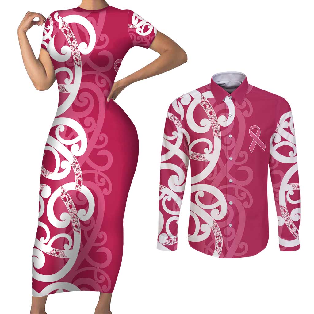 Breast Cancer Awareness Maori Couples Matching Short Sleeve Bodycon Dress and Long Sleeve Button Shirt Koru Kowhaiwhai - Aussie Hoodie