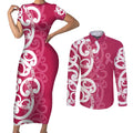 Breast Cancer Awareness Maori Couples Matching Short Sleeve Bodycon Dress and Long Sleeve Button Shirt Koru Kowhaiwhai - Aussie Hoodie
