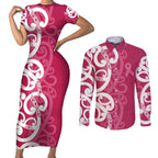 Breast Cancer Awareness Maori Couples Matching Short Sleeve Bodycon Dress and Long Sleeve Button Shirt Koru Kowhaiwhai - Aussie Hoodie
