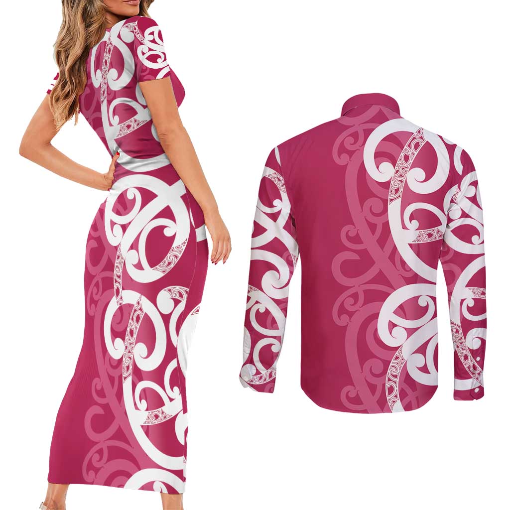 Breast Cancer Awareness Maori Couples Matching Short Sleeve Bodycon Dress and Long Sleeve Button Shirt Koru Kowhaiwhai - Aussie Hoodie