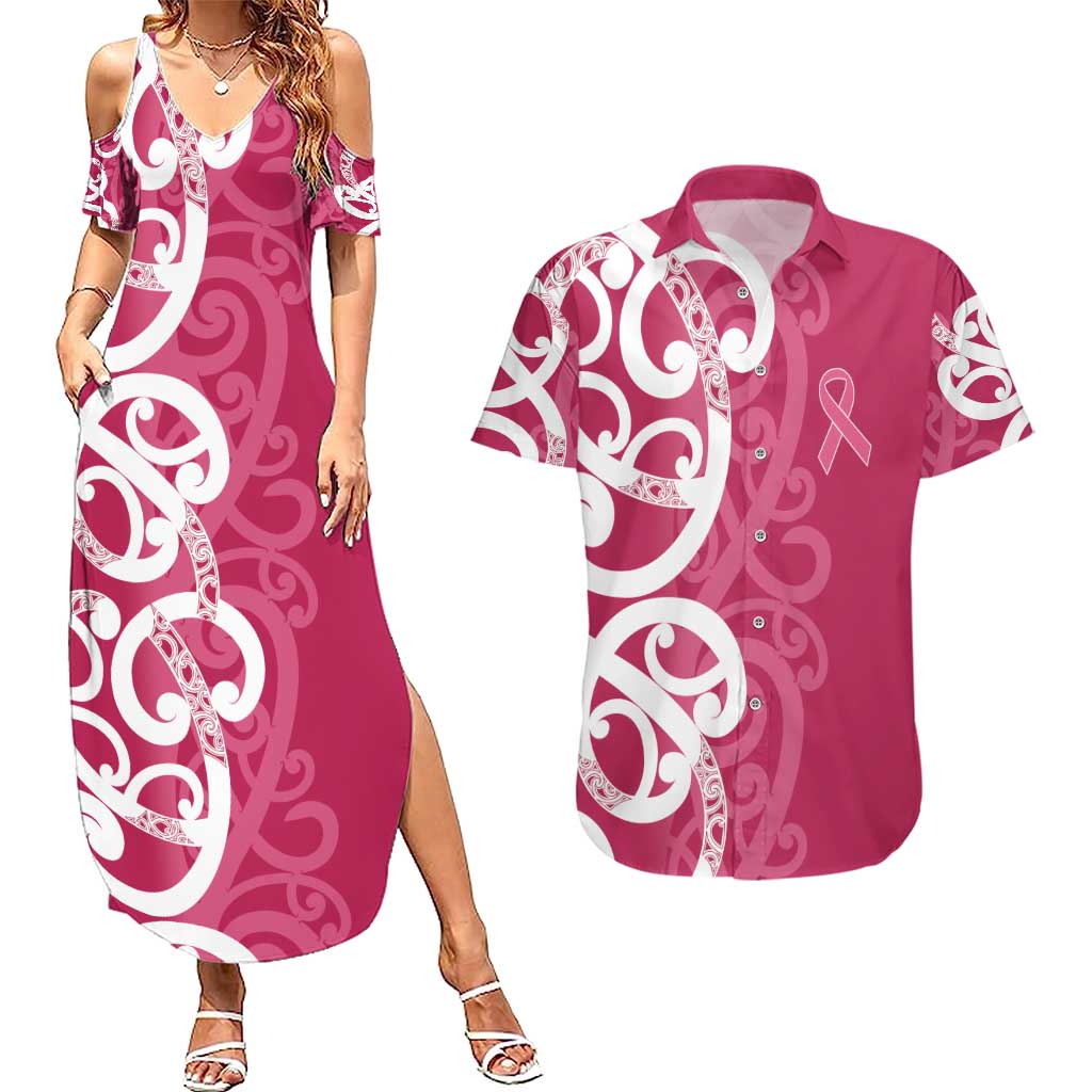 Breast Cancer Awareness Maori Couples Matching Summer Maxi Dress and Hawaiian Shirt Koru Kowhaiwhai - Aussie Hoodie