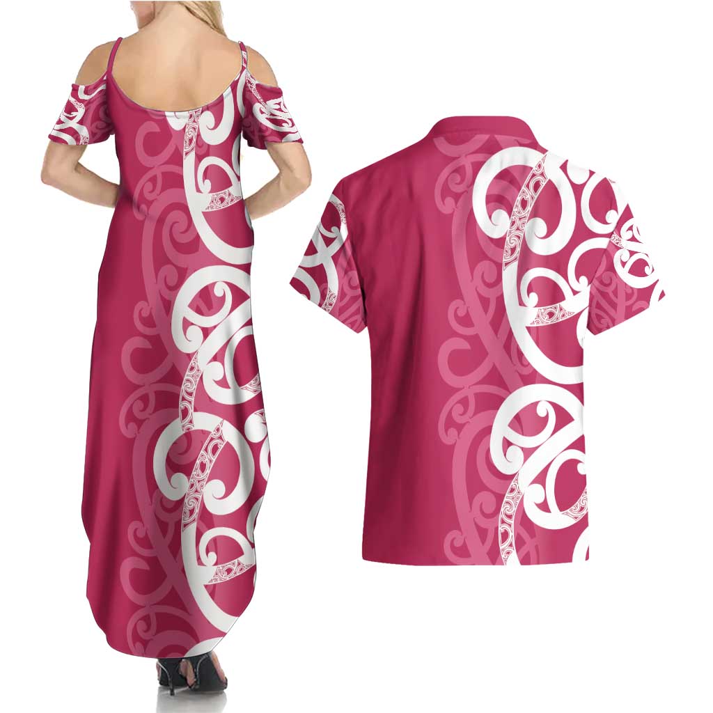 Breast Cancer Awareness Maori Couples Matching Summer Maxi Dress and Hawaiian Shirt Koru Kowhaiwhai - Aussie Hoodie