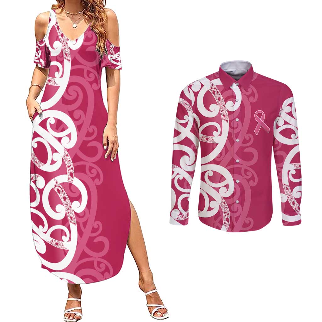 Breast Cancer Awareness Maori Couples Matching Summer Maxi Dress and Long Sleeve Button Shirt Koru Kowhaiwhai - Aussie Hoodie
