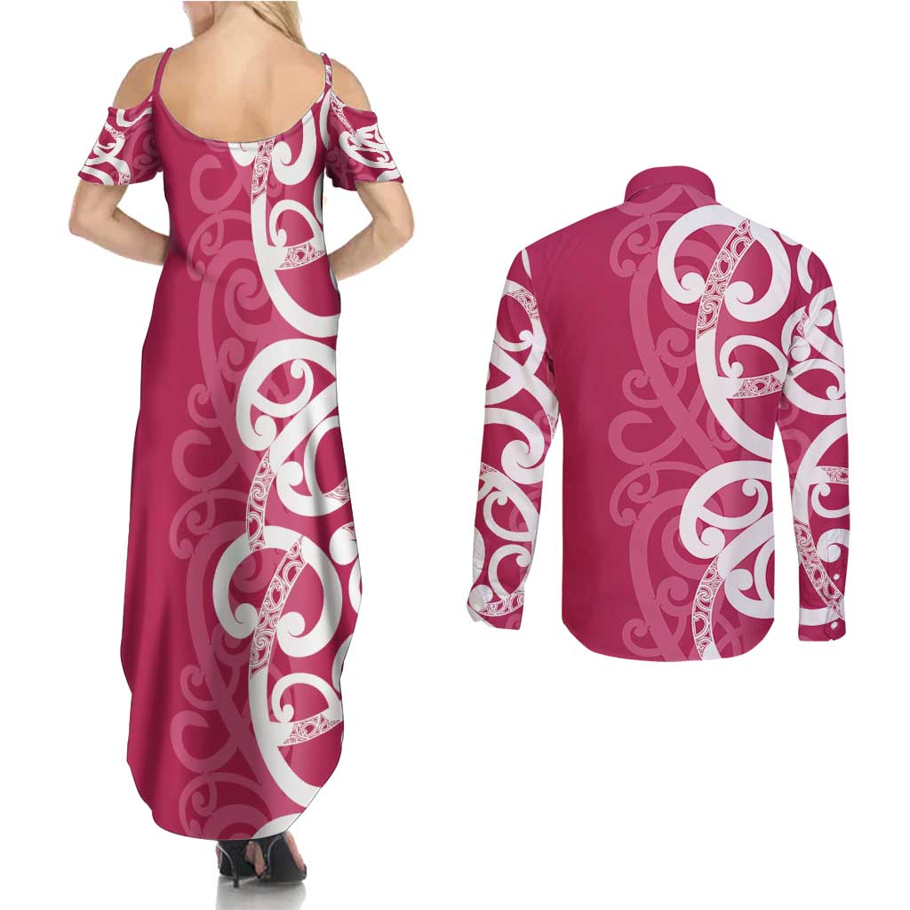 Breast Cancer Awareness Maori Couples Matching Summer Maxi Dress and Long Sleeve Button Shirt Koru Kowhaiwhai - Aussie Hoodie