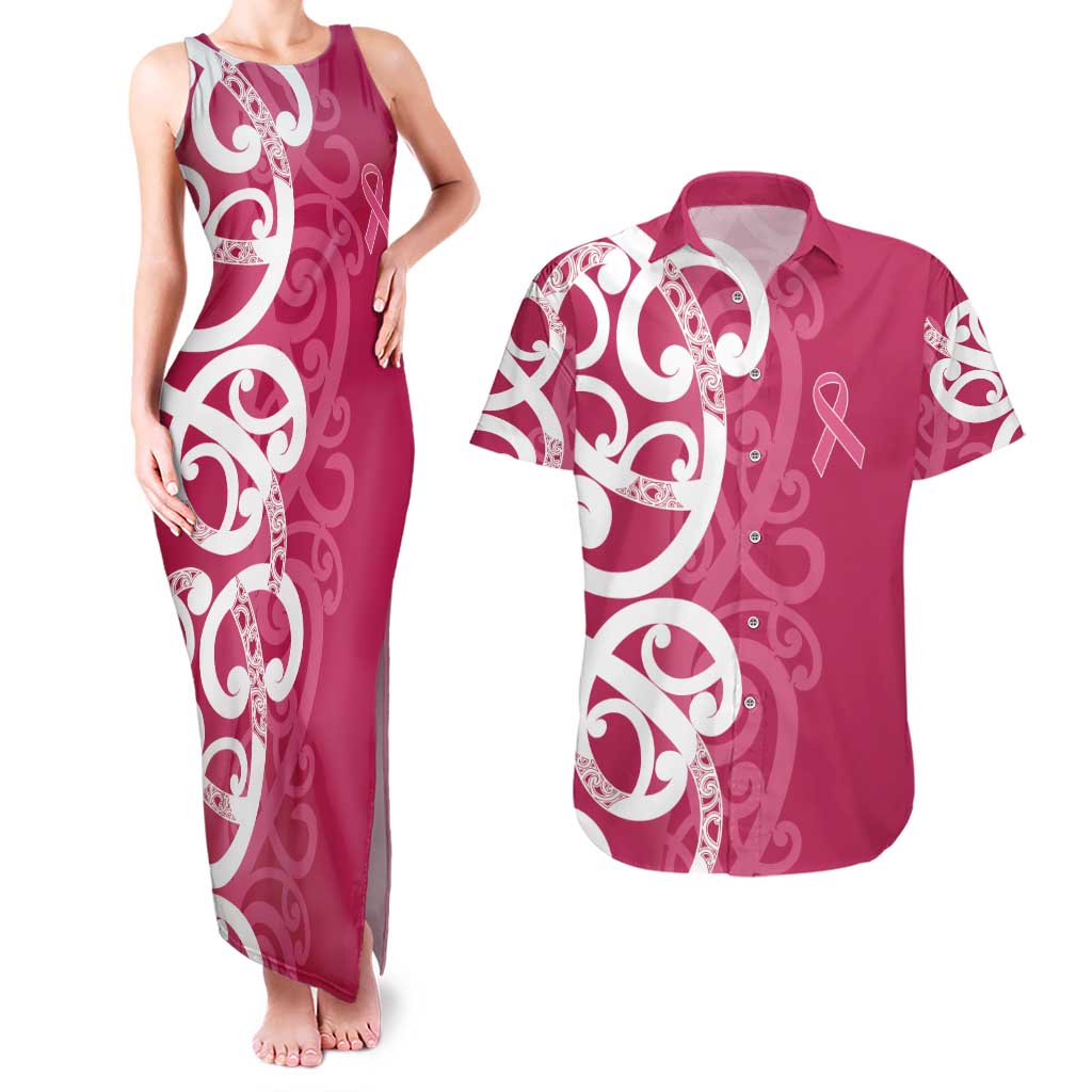 Breast Cancer Awareness Maori Couples Matching Tank Maxi Dress and Hawaiian Shirt Koru Kowhaiwhai - Aussie Hoodie