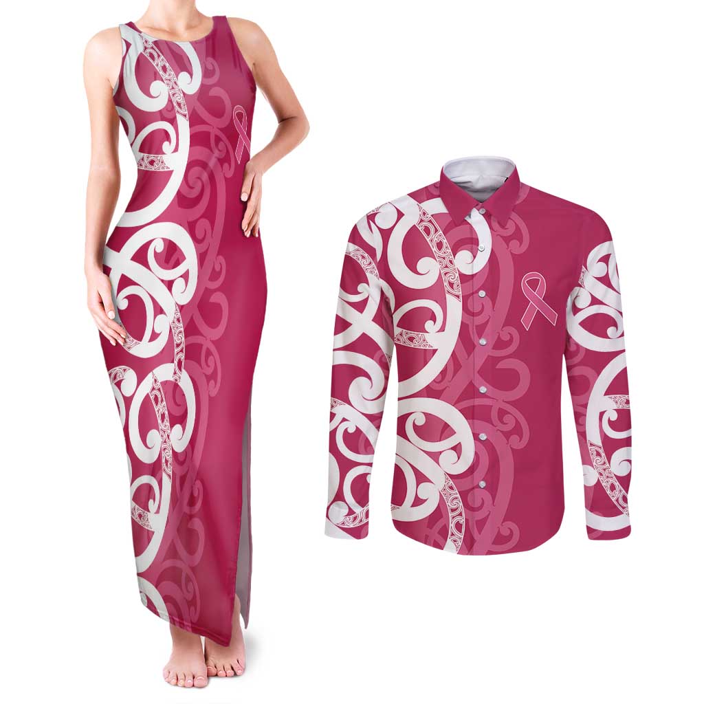 Breast Cancer Awareness Maori Couples Matching Tank Maxi Dress and Long Sleeve Button Shirt Koru Kowhaiwhai - Aussie Hoodie