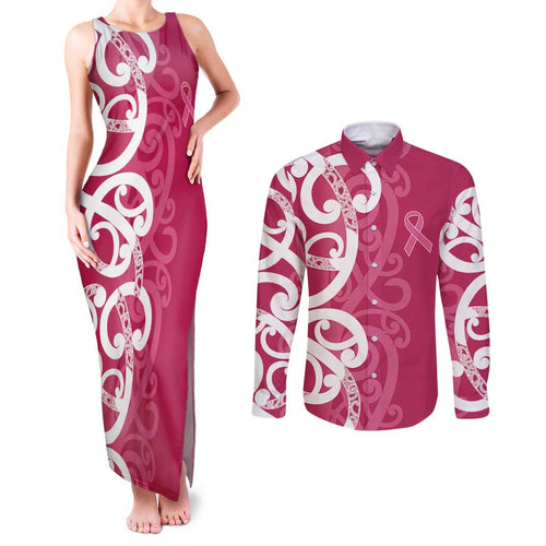 Breast Cancer Awareness Maori Couples Matching Tank Maxi Dress and Long Sleeve Button Shirt Koru Kowhaiwhai - Aussie Hoodie