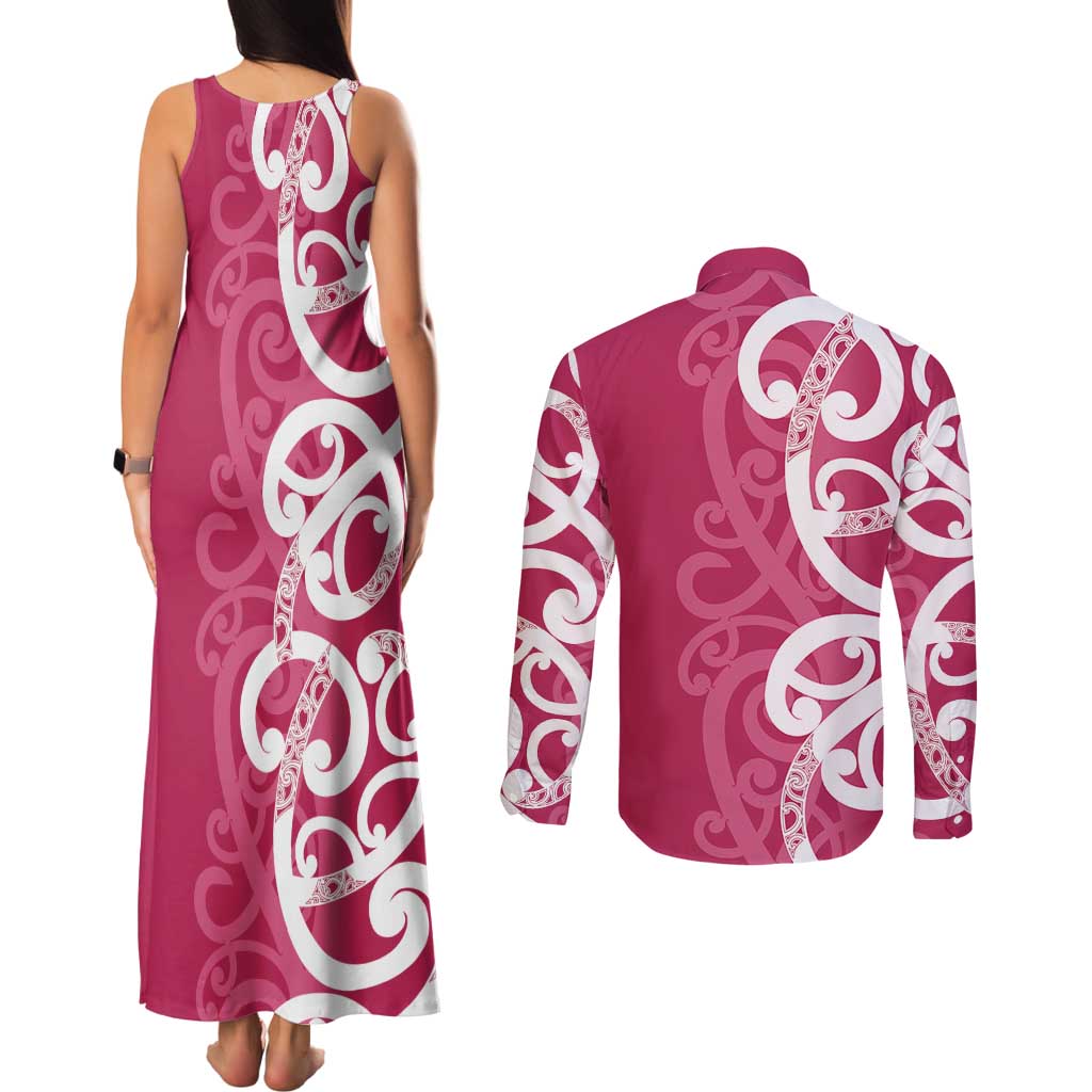 Breast Cancer Awareness Maori Couples Matching Tank Maxi Dress and Long Sleeve Button Shirt Koru Kowhaiwhai - Aussie Hoodie