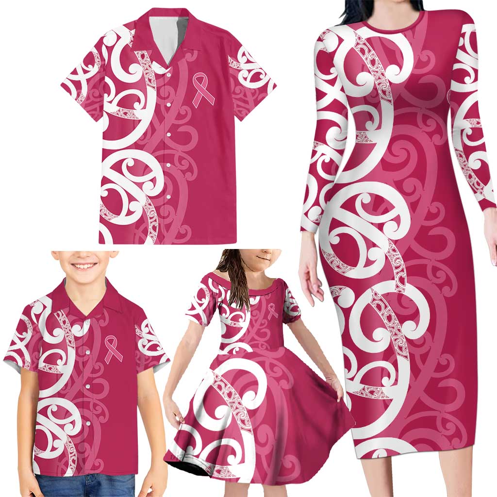 Breast Cancer Awareness Maori Family Matching Long Sleeve Bodycon Dress and Hawaiian Shirt Koru Kowhaiwhai - Aussie Hoodie