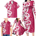 Breast Cancer Awareness Maori Family Matching Long Sleeve Bodycon Dress and Hawaiian Shirt Koru Kowhaiwhai - Aussie Hoodie