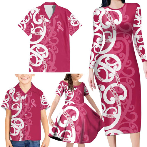 Breast Cancer Awareness Maori Family Matching Long Sleeve Bodycon Dress and Hawaiian Shirt Koru Kowhaiwhai - Aussie Hoodie