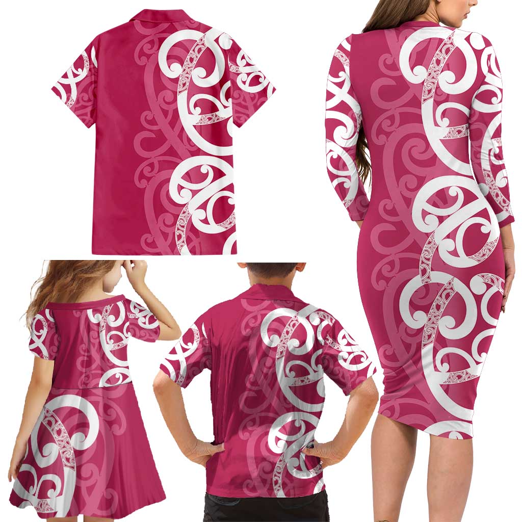 Breast Cancer Awareness Maori Family Matching Long Sleeve Bodycon Dress and Hawaiian Shirt Koru Kowhaiwhai - Aussie Hoodie