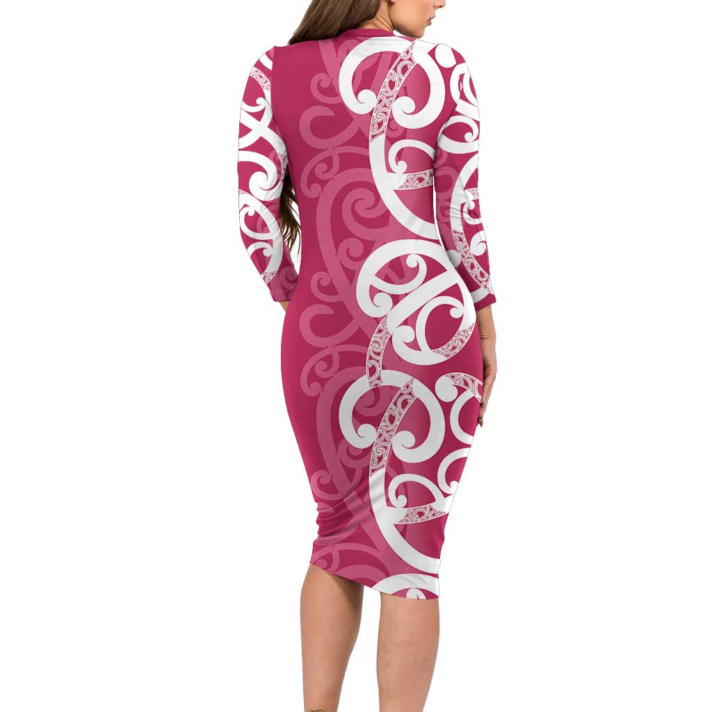 Breast Cancer Awareness Maori Family Matching Long Sleeve Bodycon Dress and Hawaiian Shirt Koru Kowhaiwhai - Aussie Hoodie