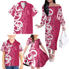 Breast Cancer Awareness Maori Family Matching Off The Shoulder Long Sleeve Dress and Hawaiian Shirt Koru Kowhaiwhai - Aussie Hoodie