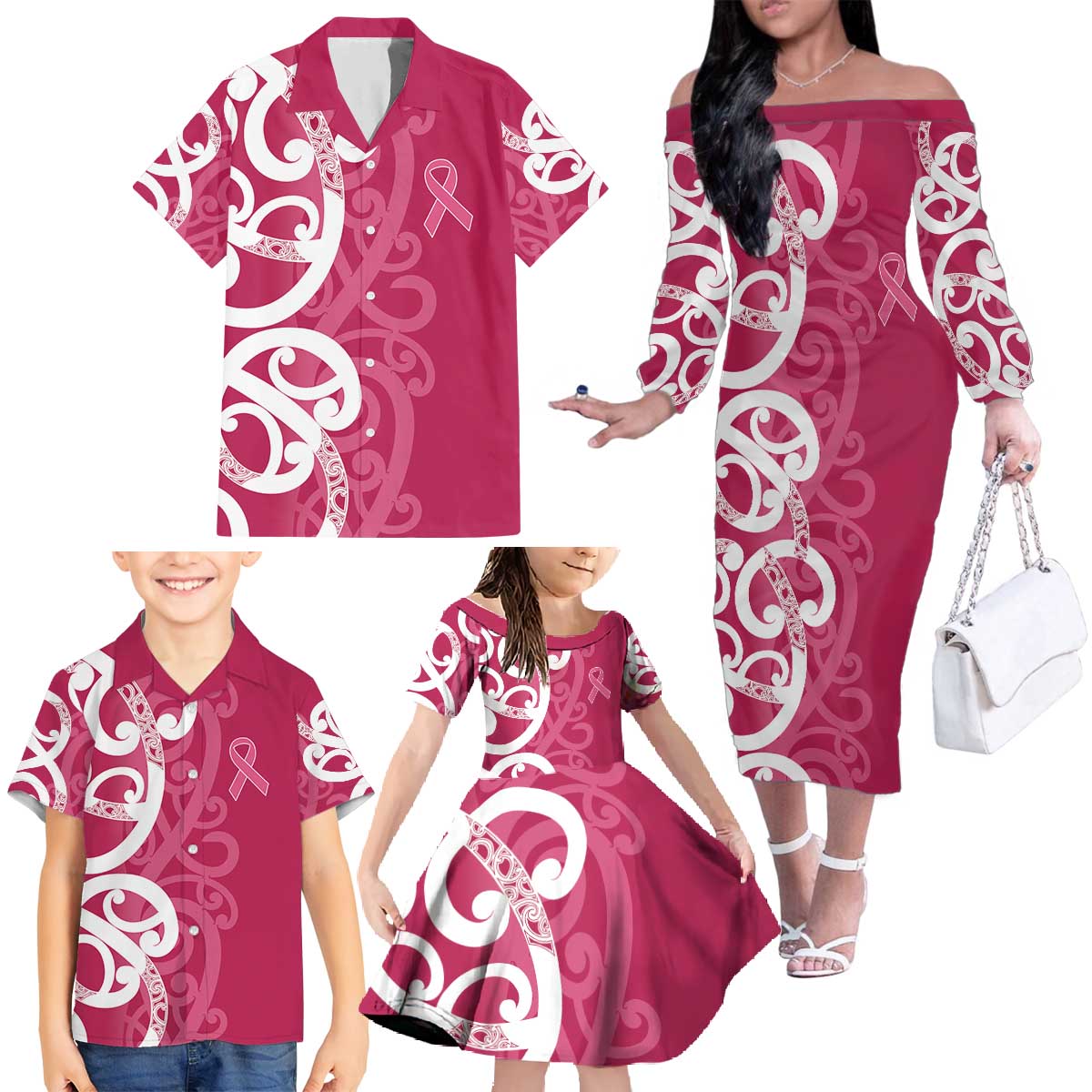 Breast Cancer Awareness Maori Family Matching Off The Shoulder Long Sleeve Dress and Hawaiian Shirt Koru Kowhaiwhai - Aussie Hoodie