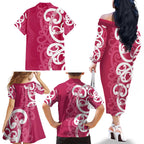 Breast Cancer Awareness Maori Family Matching Off The Shoulder Long Sleeve Dress and Hawaiian Shirt Koru Kowhaiwhai - Aussie Hoodie