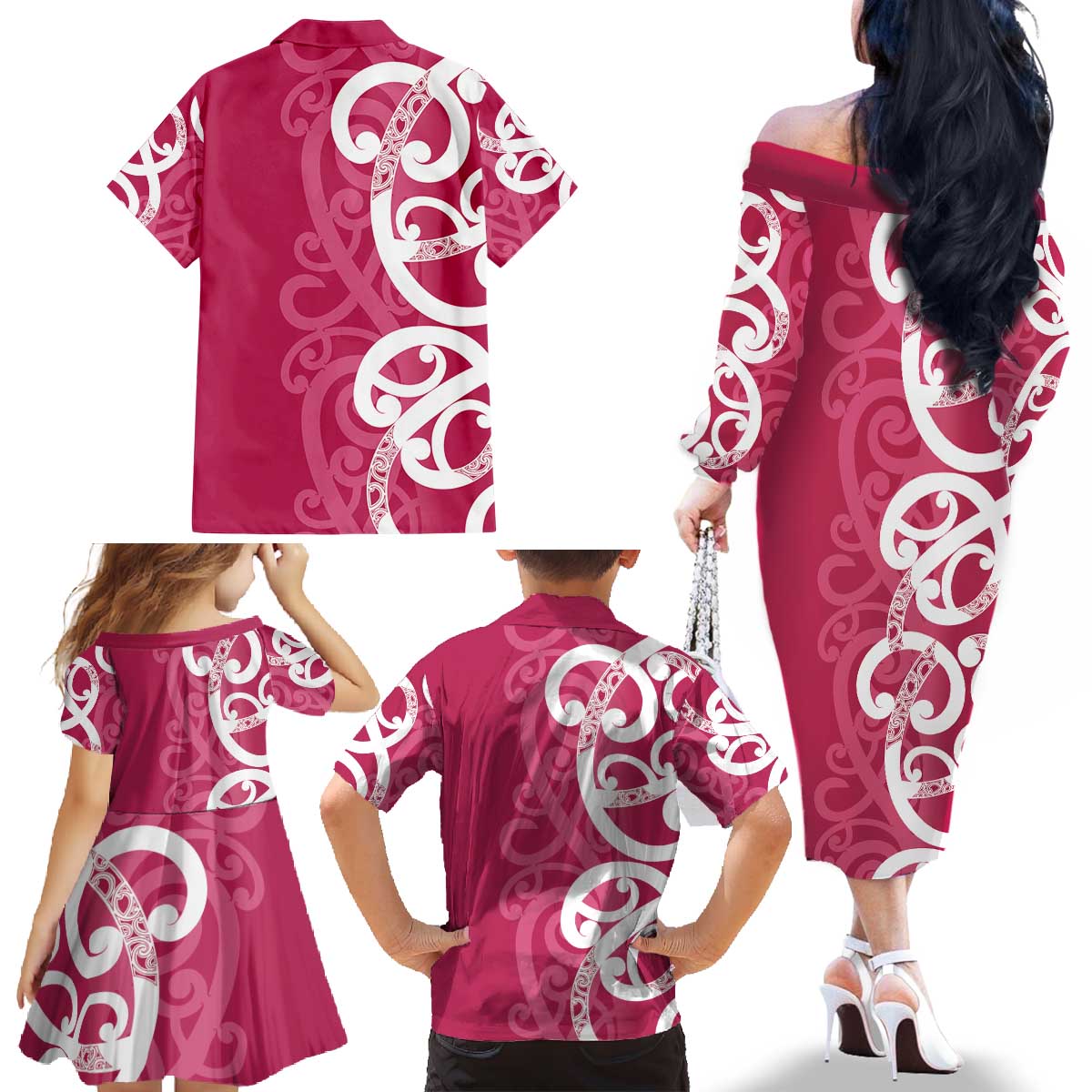 Breast Cancer Awareness Maori Family Matching Off The Shoulder Long Sleeve Dress and Hawaiian Shirt Koru Kowhaiwhai - Aussie Hoodie