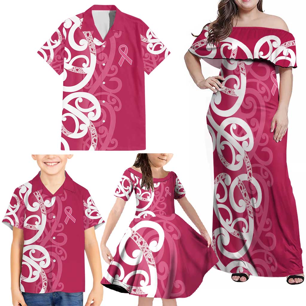 Breast Cancer Awareness Maori Family Matching Off Shoulder Maxi Dress and Hawaiian Shirt Koru Kowhaiwhai - Aussie Hoodie