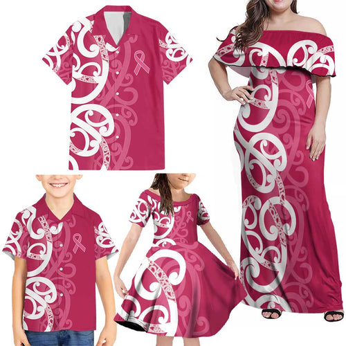 Breast Cancer Awareness Maori Family Matching Off Shoulder Maxi Dress and Hawaiian Shirt Koru Kowhaiwhai - Aussie Hoodie