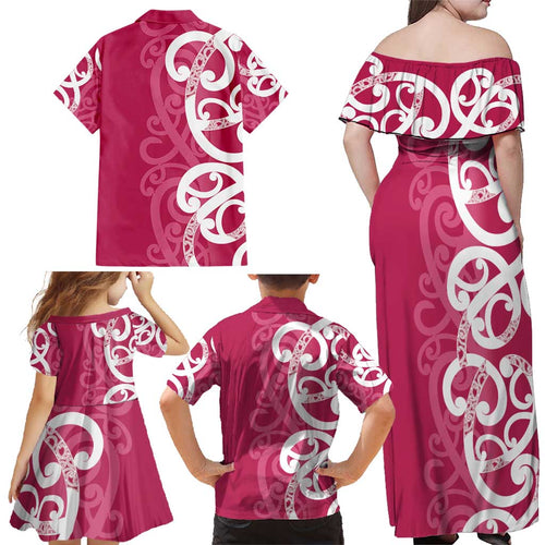 Breast Cancer Awareness Maori Family Matching Off Shoulder Maxi Dress and Hawaiian Shirt Koru Kowhaiwhai - Aussie Hoodie