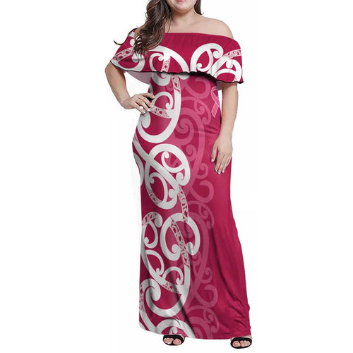 Breast Cancer Awareness Maori Family Matching Off Shoulder Maxi Dress and Hawaiian Shirt Koru Kowhaiwhai - Aussie Hoodie
