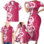 Breast Cancer Awareness Maori Family Matching Short Sleeve Bodycon Dress and Hawaiian Shirt Koru Kowhaiwhai - Aussie Hoodie