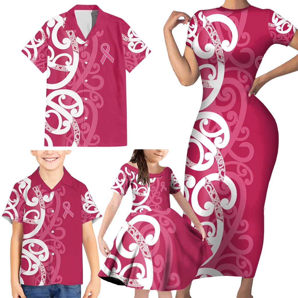 Breast Cancer Awareness Maori Family Matching Short Sleeve Bodycon Dress and Hawaiian Shirt Koru Kowhaiwhai - Aussie Hoodie
