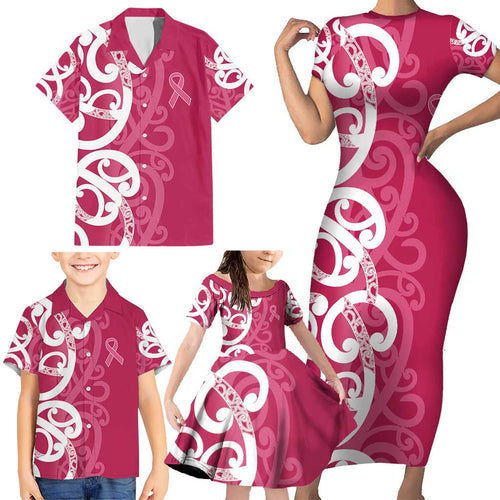 Breast Cancer Awareness Maori Family Matching Short Sleeve Bodycon Dress and Hawaiian Shirt Koru Kowhaiwhai - Aussie Hoodie