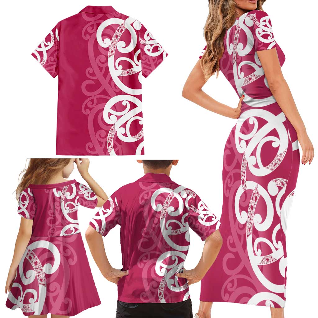 Breast Cancer Awareness Maori Family Matching Short Sleeve Bodycon Dress and Hawaiian Shirt Koru Kowhaiwhai - Aussie Hoodie