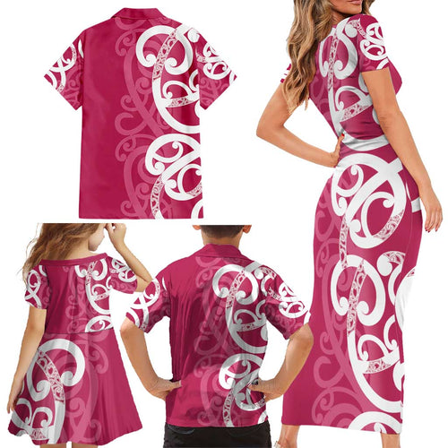 Breast Cancer Awareness Maori Family Matching Short Sleeve Bodycon Dress and Hawaiian Shirt Koru Kowhaiwhai - Aussie Hoodie