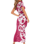 Breast Cancer Awareness Maori Family Matching Short Sleeve Bodycon Dress and Hawaiian Shirt Koru Kowhaiwhai - Aussie Hoodie