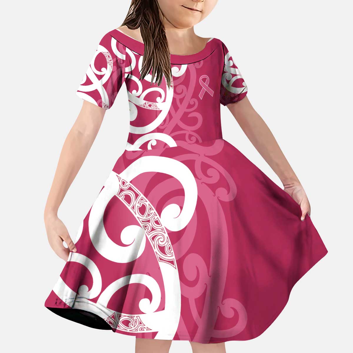 Breast Cancer Awareness Maori Kid Short Sleeve Dress Koru Kowhaiwhai - Aussie Hoodie
