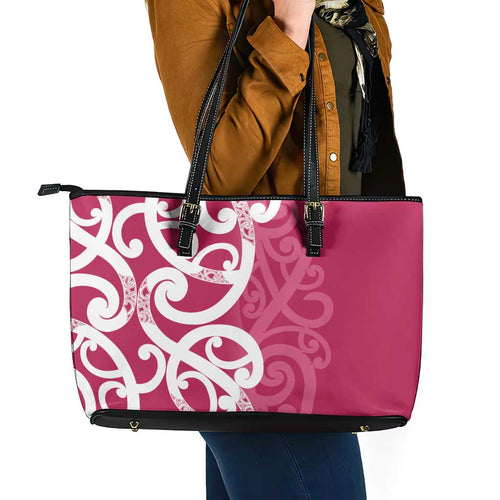 Breast Cancer Awareness Maori Leather Tote Bag Koru Kowhaiwhai - Aussie Hoodie