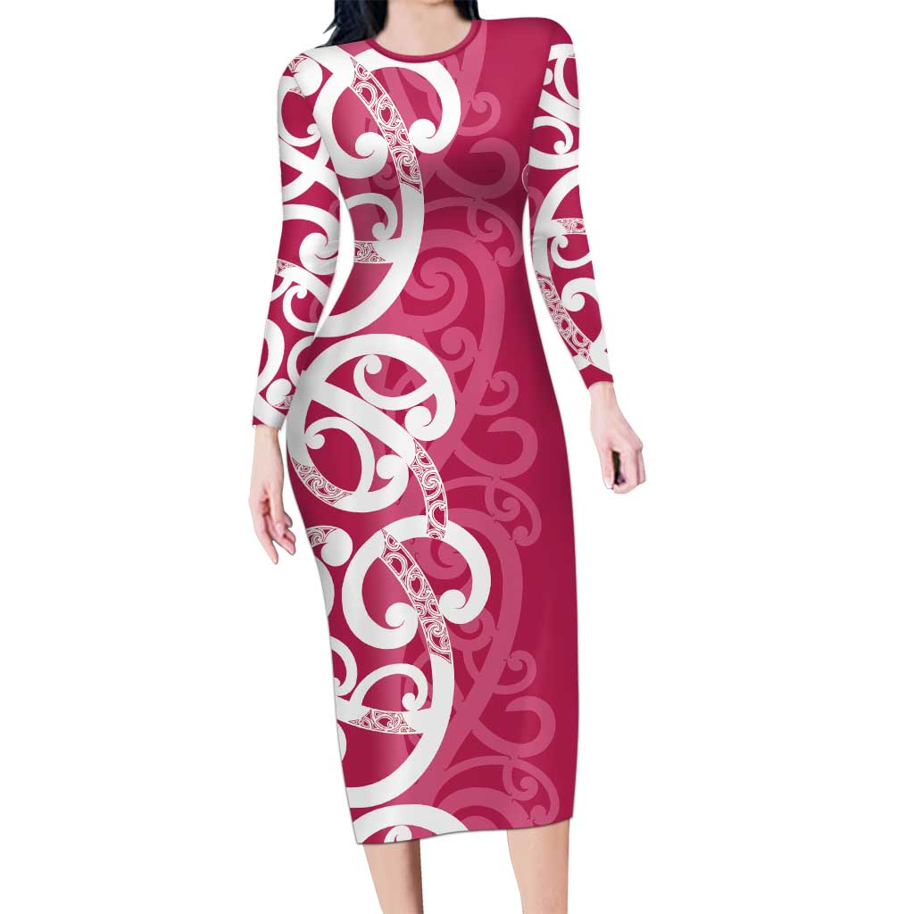 Breast Cancer Awareness Maori Long Sleeve Bodycon Dress Koru Kowhaiwhai - Aussie Hoodie