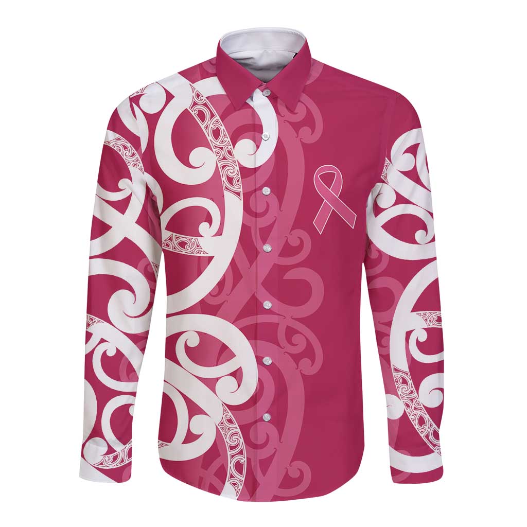 Breast Cancer Awareness Maori Long Sleeve Button Shirt Koru Kowhaiwhai - Aussie Hoodie